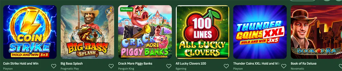 Top casino slot games carousel featuring Coin Strike Hold and Win, Big Bass Splash, Crack More Piggy Banks, All Lucky Clovers 100, Thunder Coins XXL Hold and Win, and Book of Ra Deluxe with colorful game cover art.