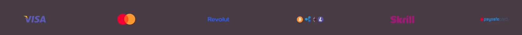 Payment methods strip displaying Visa, Mastercard, Revolut, cryptocurrency icons, Skrill, and Paysafecard logos on a dark muted background.