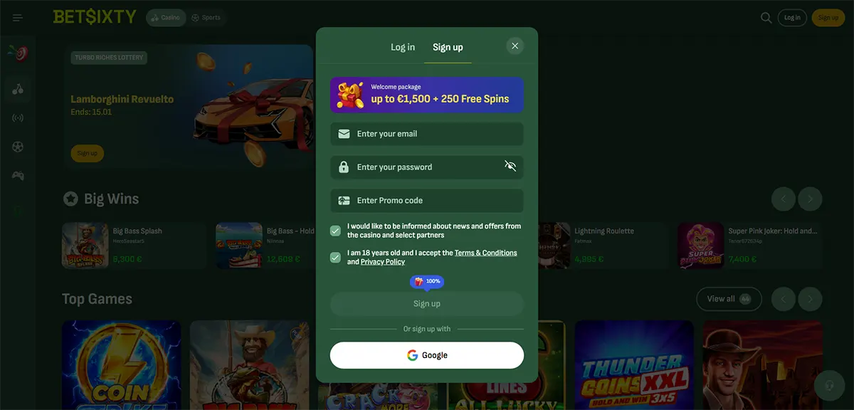 Casino sign-up popup for Betsixty showing a welcome package of up to €1,500 plus 250 free spins, with fields for email, password, promo code, consent checkboxes, a “Sign up” button, and a Google sign-in option over a dark green casino interface.